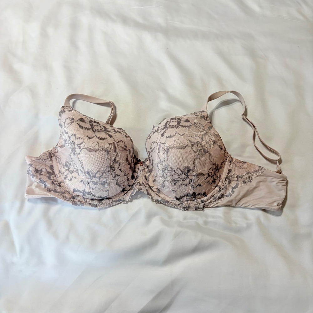 Victorias Secret Lined Demi Bra 38DD Pink Grey Floral Lace Underwire Underwear